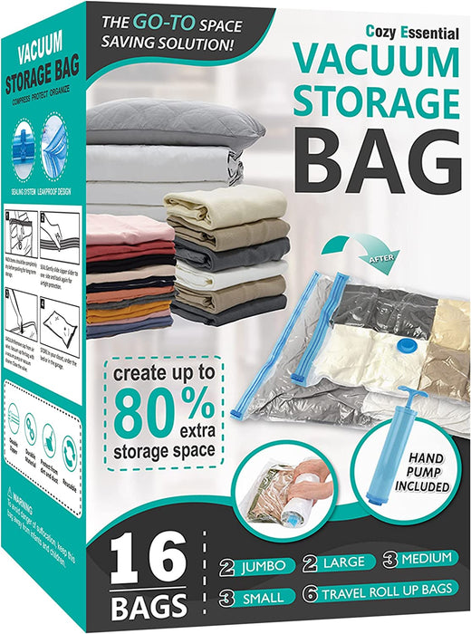 20 Pack Vacuum Storage Bags, Space Saver Bags (4 Jumbo/4 Large/4 Medium/4 Small/4 Roll) Compression for Comforters and Blankets, Sealer Clothes Storage, Hand Pump Included