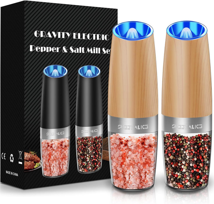 Gravity Electric Pepper and Salt Grinder Set, Salt and Pepper Mill & Adjustable Coarseness, Battery Powered with LED Light, One Hand Automatic Operation, Stainless Steel (Set/Silver)