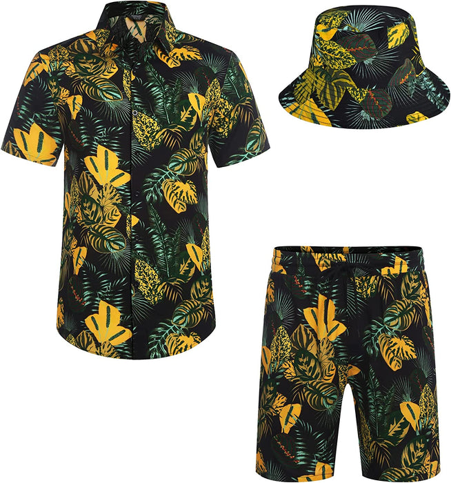 Men'S Hawaiian Shirt and Short Set Flower 2-Pieces Beach Outfit with Bucket Hats