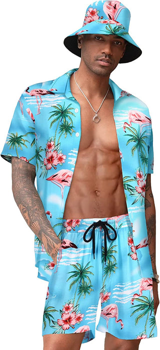 Men'S Hawaiian Shirt and Short Set Flower 2-Pieces Beach Outfit with Bucket Hats