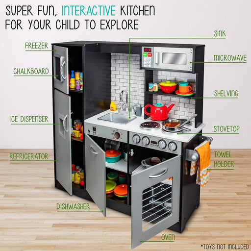 Kids Kitchen Set, Pretend Wooden Play Kitchen, Battery Operated Icemaker & Microwave with Realistic Sound, Pots & Pan Included - Charcoal