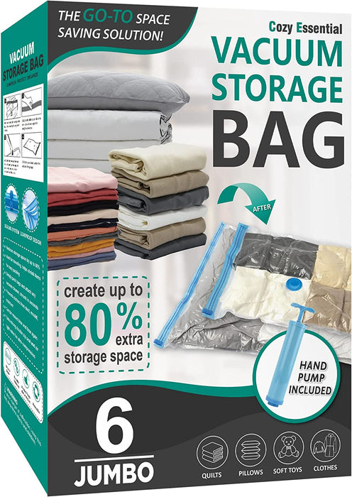 20 Pack Vacuum Storage Bags, Space Saver Bags (4 Jumbo/4 Large/4 Medium/4 Small/4 Roll) Compression for Comforters and Blankets, Sealer Clothes Storage, Hand Pump Included