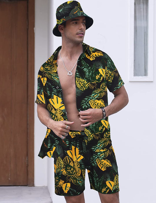 Men'S Hawaiian Shirt and Short Set Flower 2-Pieces Beach Outfit with Bucket Hats