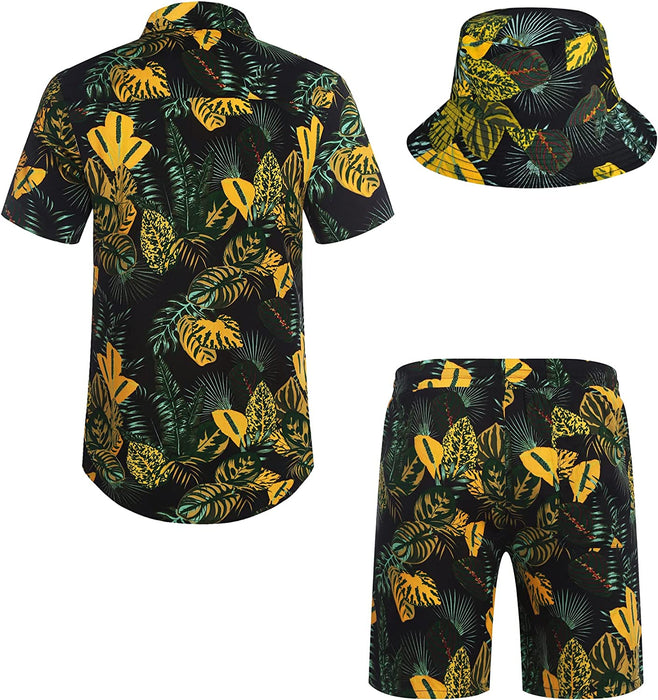 Men'S Hawaiian Shirt and Short Set Flower 2-Pieces Beach Outfit with Bucket Hats