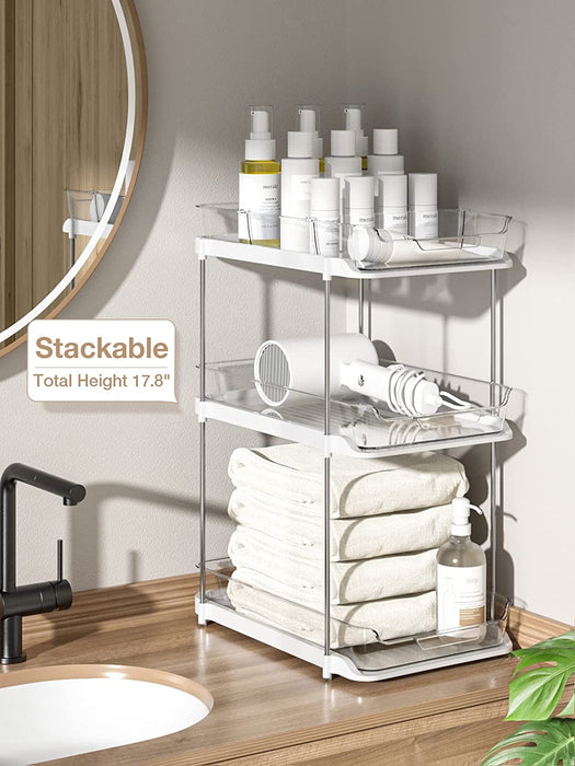 2 Sets of 2-Tier Multi-Purpose Bathroom under Sink Organizers and Storage, Stackable Kitchen Pantry Organization, Pull Out Medicine Cabinet Organizer with 8 Movable Dividers