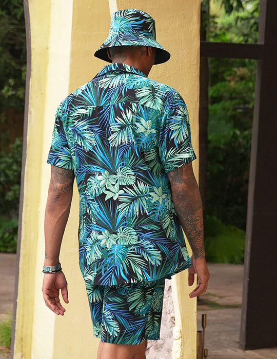 Men'S Hawaiian Shirt and Short Set Flower 2-Pieces Beach Outfit with Bucket Hats