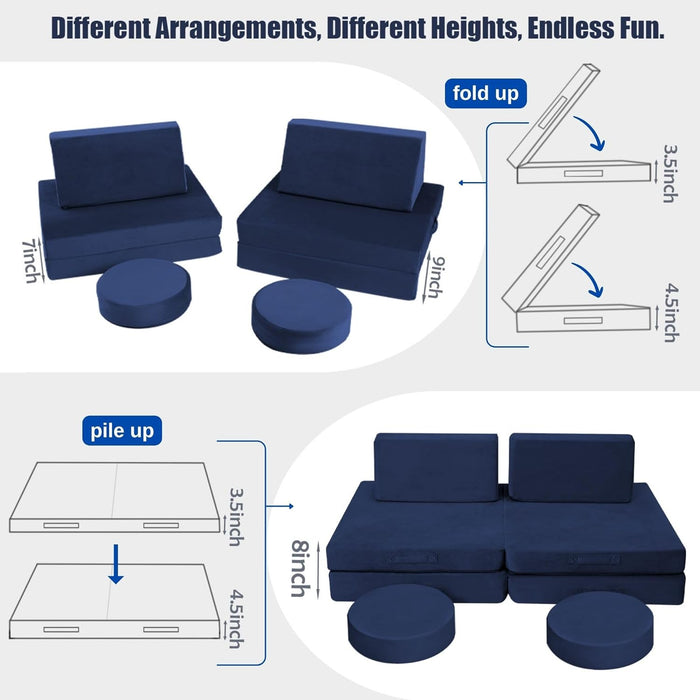 Kids Couch Sofa Modular Toddler Couch for Playroom, 8-Piece Fold Out Baby Couch Play Set, Children Convertible Sofa Foam Couch