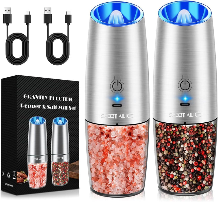 Gravity Electric Pepper and Salt Grinder Set, Salt and Pepper Mill & Adjustable Coarseness, Battery Powered with LED Light, One Hand Automatic Operation, Stainless Steel (Set/Silver)