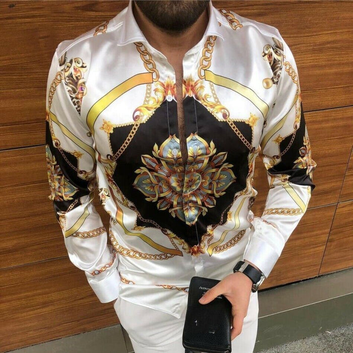 ⭐Button down Shirt Men Baroque Fashion Casual Party Long Sleeve Fancy Dress Soft