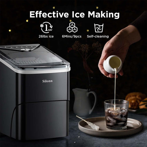 Ice Maker Countertop, 9 Cubes Ready in 6 Mins, 26Lbs in 24Hrs, Self-Cleaning Ice Machine with Ice Scoop and Basket, 2 Sizes of Bullet Ice for Home Kitchen Office Bar Party