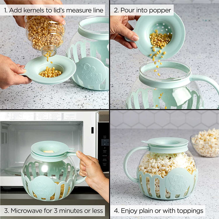 Patented Micro-Pop Microwave Popcorn Popper with Temperature Safe Glass, 3-In-1 Lid Measures Kernels and Melts Butter, Made without BPA, Dishwasher Safe, 3-Quart, Aqua