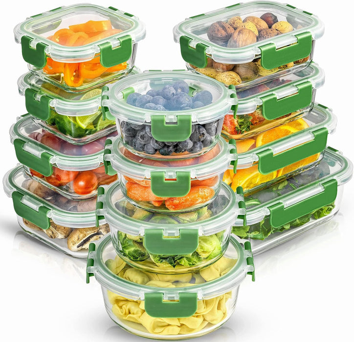 Joyful 24Pc(12 Airtight, Freezer Safe Food Storage Containers and 12 Lids), Pantry Kitchen Storage Containers, Glass Meal Prep Container for Lunch, Glass Storage Containers with Lids