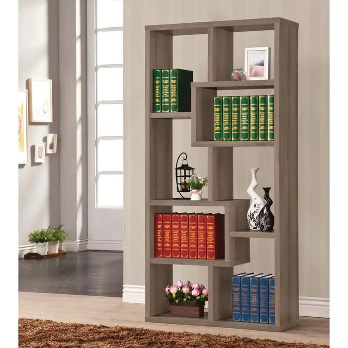 71.88 In. Weathered Gray Wood 8-Shelf Etagere Bookcase with Open Back