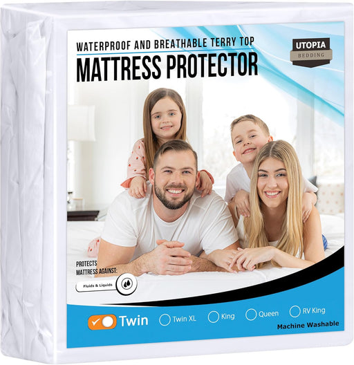 Waterproof Mattress Protector Twin Size, Premium Terry Mattress Cover 200 GSM, Breathable, Fitted Style with Stretchable Pockets (White)