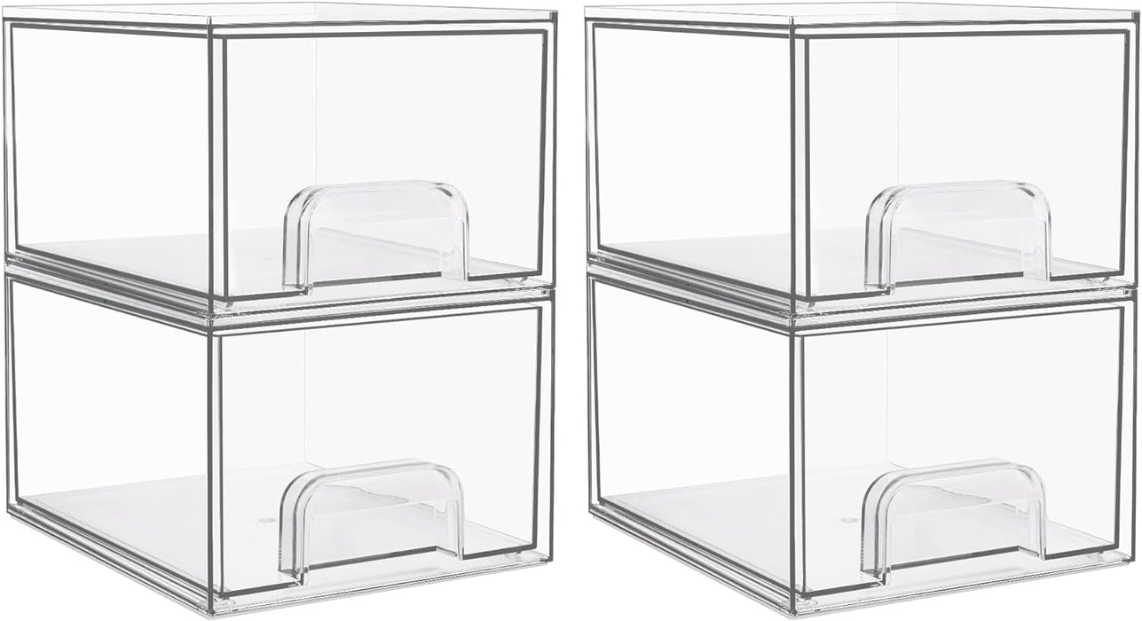 4 Pack Clear Stackable Storage Drawers, 4.4'' Tall Acrylic Bathroom Makeup Organizer,Plastic Storage Bins for Vanity, Undersink, Kitchen Cabinets, Pantry, Home Organization