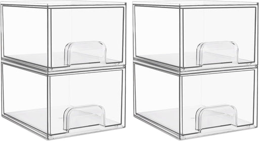 4 Pack Clear Stackable Storage Drawers, 4.4'' Tall Acrylic Bathroom Makeup Organizer,Plastic Storage Bins for Vanity, Undersink, Kitchen Cabinets, Pantry, Home Organization