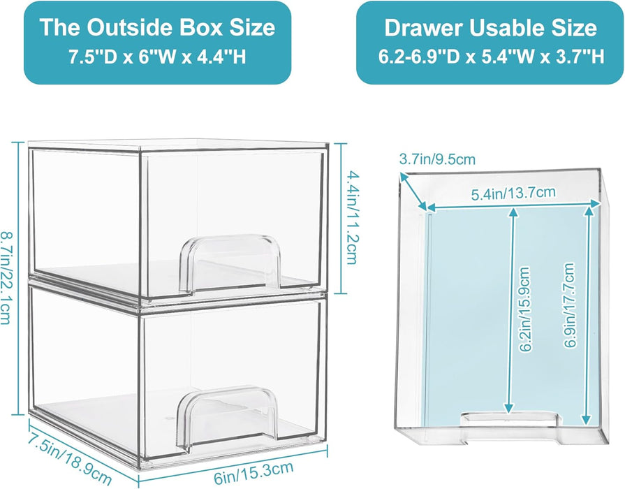 4 Pack Clear Stackable Storage Drawers, 4.4'' Tall Acrylic Bathroom Makeup Organizer,Plastic Storage Bins for Vanity, Undersink, Kitchen Cabinets, Pantry, Home Organization