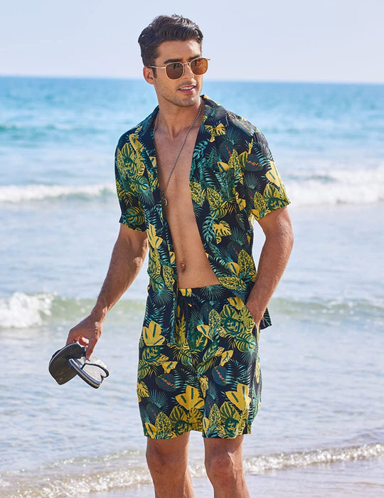 Men'S Hawaiian Shirt and Short Set Flower 2-Pieces Beach Outfit with Bucket Hats