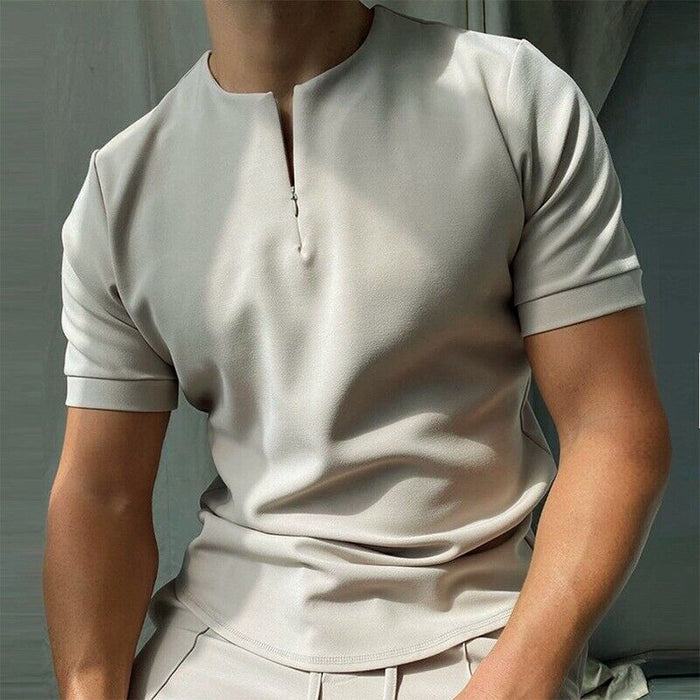 ⭐⭐Polo T Shirts Men Zipper Collar Fashion Golf Short Sleeve 2 Tone Zip Tee Dress