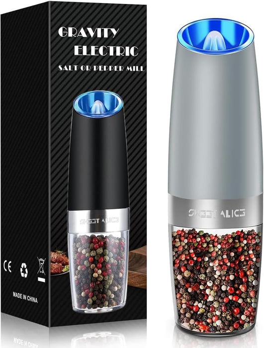 Gravity Electric Pepper and Salt Grinder Set, Salt and Pepper Mill & Adjustable Coarseness, Battery Powered with LED Light, One Hand Automatic Operation, Stainless Steel (Set/Silver)