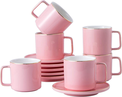 Set of 6 Large 8 (OZ) Americano Cups with Saucer Porcelain Coffee/Tea Cups, Cappuccino/Latte/Espresso/Mocha Cups, Large Coffee/Tea Cups for Specialty Coffee Drinks, (Pink)