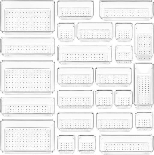 25 PCS Clear Plastic Drawer Organizers Set, 4-Size Versatile Bathroom and Vanity Drawer Organizer Trays, Storage Bins for Makeup, Bedroom, Kitchen Gadgets Utensils and Office