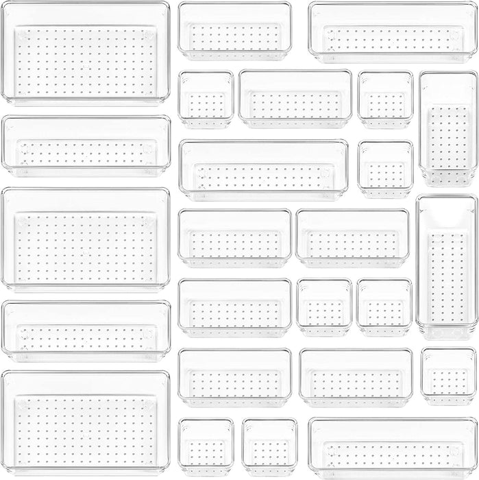 25 PCS Clear Plastic Drawer Organizers Set, 4-Size Versatile Bathroom and Vanity Drawer Organizer Trays, Storage Bins for Makeup, Bedroom, Kitchen Gadgets Utensils and Office