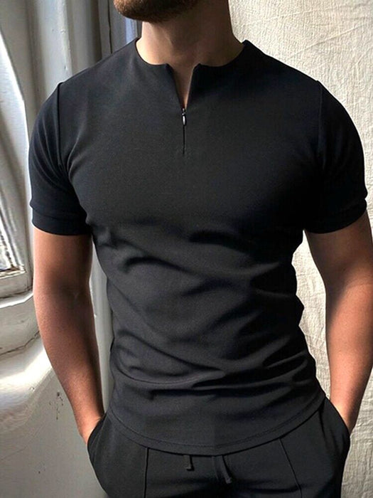 ⭐⭐Polo T Shirts Men Zipper Collar Fashion Golf Short Sleeve 2 Tone Zip Tee Dress