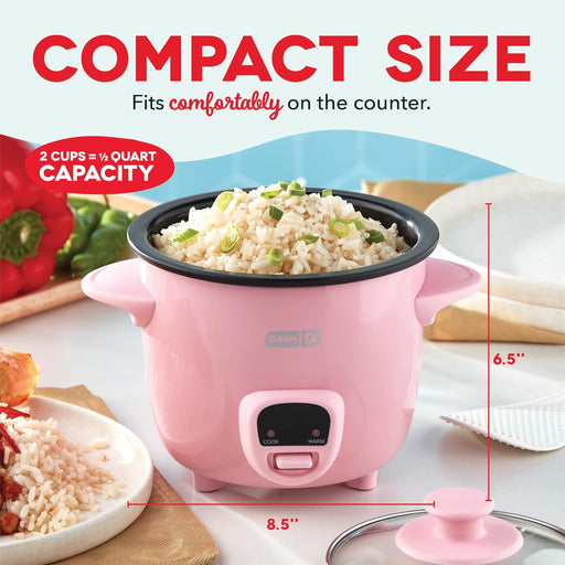 Mini Rice Cooker Steamer with Removable Nonstick Pot, Keep Warm Function & Recipe Guide, Half Quart, for Soups, Stews, Grains & Oatmeal - Pink