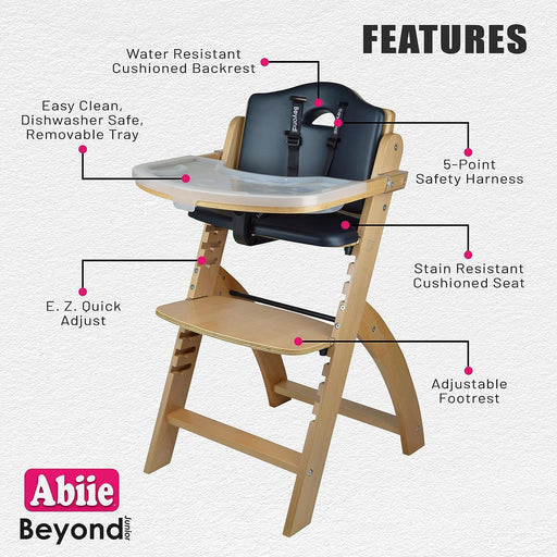 beyond Junior Wooden High Chair with Tray - Convertible Baby Highchair - Adjustable High Chair for Babies/Toddlers/6 Months up to 250 Lbs - Stain & Water Resistant Natural Wood/Black Cushion