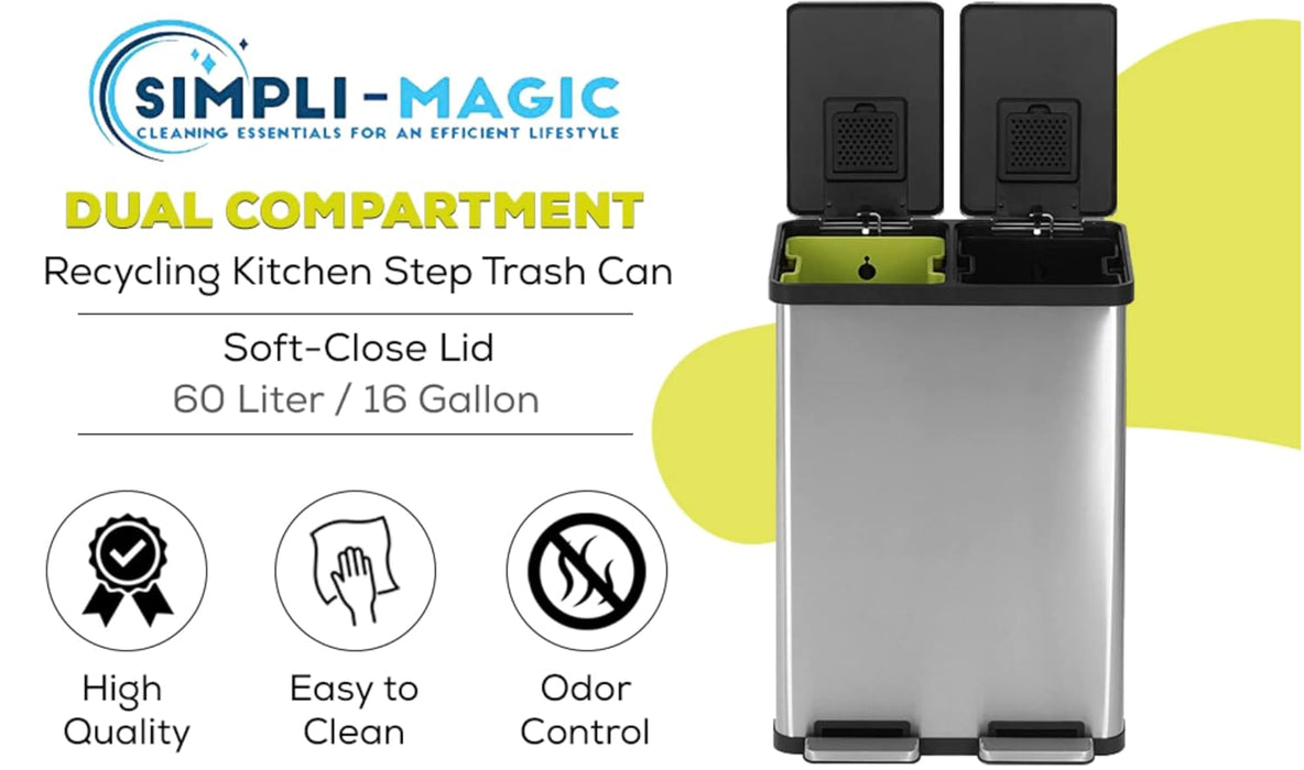 60 Liter / 16 Gallon Rectangular Hands-Free Dual Compartment Recycling Kitchen Step Trash Can with Soft-Close Lid, Brushed Stainless Steel