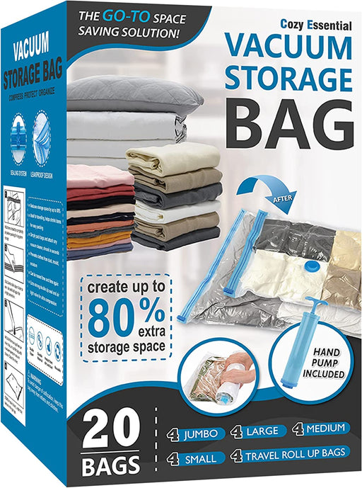 20 Pack Vacuum Storage Bags, Space Saver Bags (4 Jumbo/4 Large/4 Medium/4 Small/4 Roll) Compression for Comforters and Blankets, Sealer Clothes Storage, Hand Pump Included