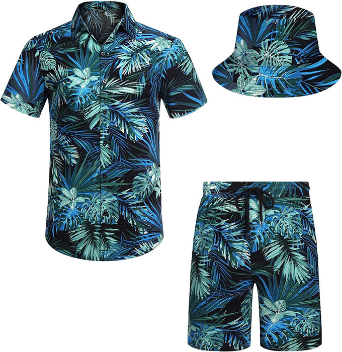 Men'S Hawaiian Shirt and Short Set Flower 2-Pieces Beach Outfit with Bucket Hats