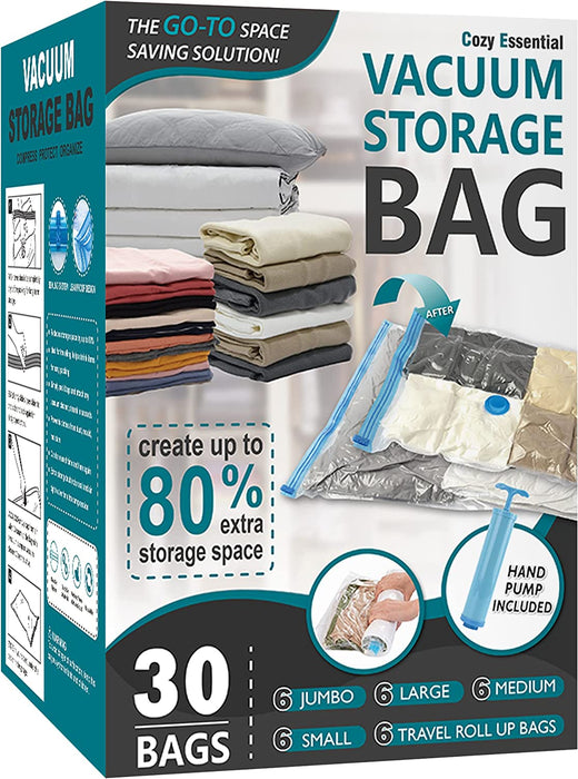 20 Pack Vacuum Storage Bags, Space Saver Bags (4 Jumbo/4 Large/4 Medium/4 Small/4 Roll) Compression for Comforters and Blankets, Sealer Clothes Storage, Hand Pump Included