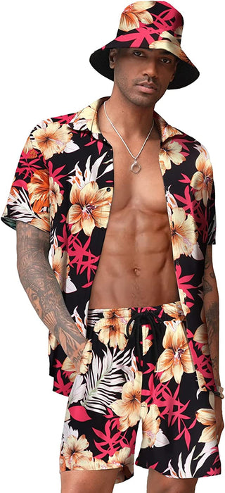 Men'S Hawaiian Shirt and Short Set Flower 2-Pieces Beach Outfit with Bucket Hats