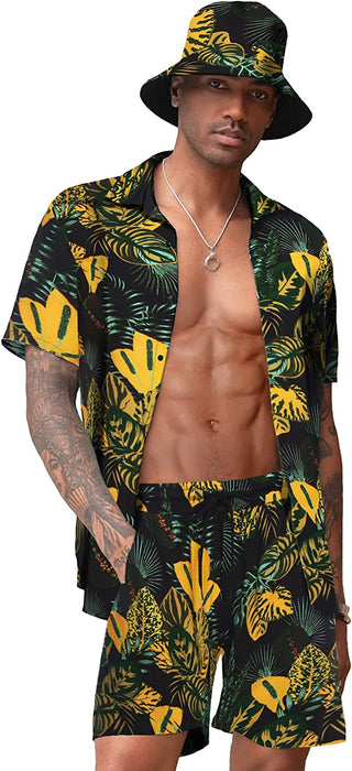 Men'S Hawaiian Shirt and Short Set Flower 2-Pieces Beach Outfit with Bucket Hats