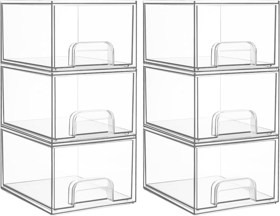 4 Pack Clear Stackable Storage Drawers, 4.4'' Tall Acrylic Bathroom Makeup Organizer,Plastic Storage Bins for Vanity, Undersink, Kitchen Cabinets, Pantry, Home Organization