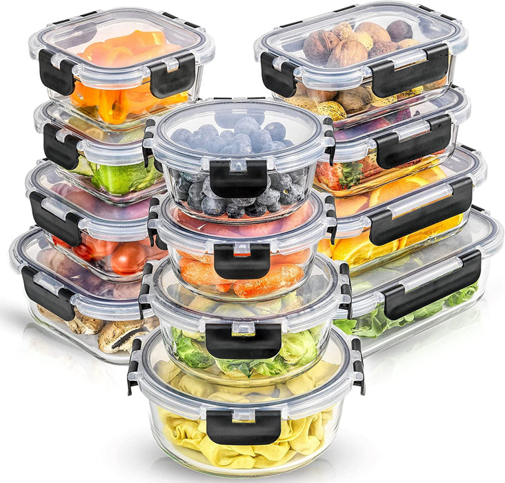 Joyful 24Pc(12 Airtight, Freezer Safe Food Storage Containers and 12 Lids), Pantry Kitchen Storage Containers, Glass Meal Prep Container for Lunch, Glass Storage Containers with Lids