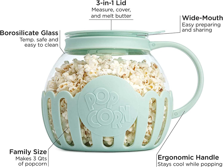 Patented Micro-Pop Microwave Popcorn Popper with Temperature Safe Glass, 3-In-1 Lid Measures Kernels and Melts Butter, Made without BPA, Dishwasher Safe, 3-Quart, Aqua