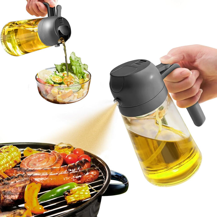 Oil Sprayer for Cooking, 2 in 1 Olive Oil Dispenser Bottle for Kitchen, 16Oz/470Ml Premium Glass Oil Bottle, Food-Grade Oil Mister for Air Fryer, Salad, Frying, BBQ (Black)