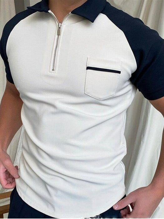 ⭐⭐Polo T Shirts Men Zipper Collar Fashion Golf Short Sleeve 2 Tone Zip Tee Dress