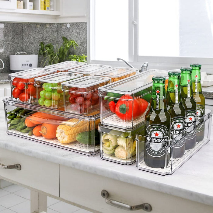 10 Pack Refrigerator Pantry Organizer Bins, Stackable Fridge Organizer Bins with Lids, Clear Plastic Food Storage Bins for Kitchen, Countertops, Cabinets, Fridge, Drinks, Fruits, Vegetable, Cereals