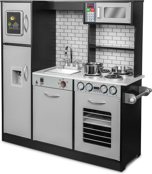 Kids Kitchen Set, Pretend Wooden Play Kitchen, Battery Operated Icemaker & Microwave with Realistic Sound, Pots & Pan Included - Charcoal