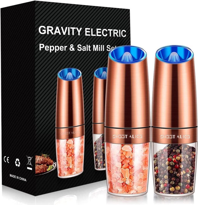 Gravity Electric Pepper and Salt Grinder Set, Salt and Pepper Mill & Adjustable Coarseness, Battery Powered with LED Light, One Hand Automatic Operation, Stainless Steel (Set/Silver)