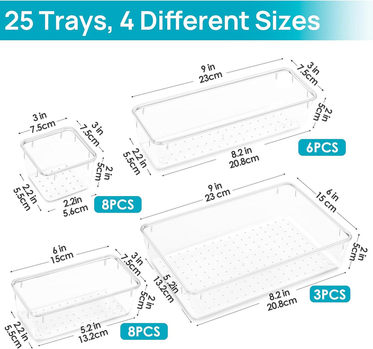 25 PCS Clear Plastic Drawer Organizers Set, 4-Size Versatile Bathroom and Vanity Drawer Organizer Trays, Storage Bins for Makeup, Bedroom, Kitchen Gadgets Utensils and Office