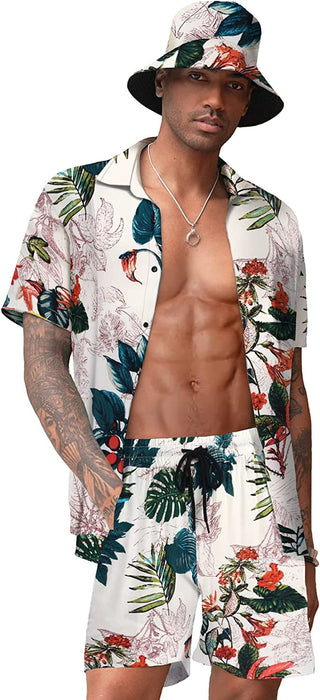 Men'S Hawaiian Shirt and Short Set Flower 2-Pieces Beach Outfit with Bucket Hats