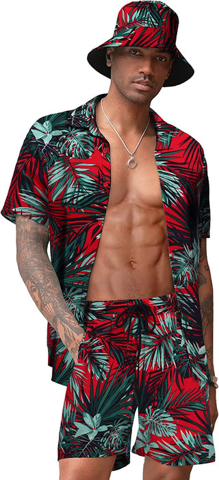 Men'S Hawaiian Shirt and Short Set Flower 2-Pieces Beach Outfit with Bucket Hats