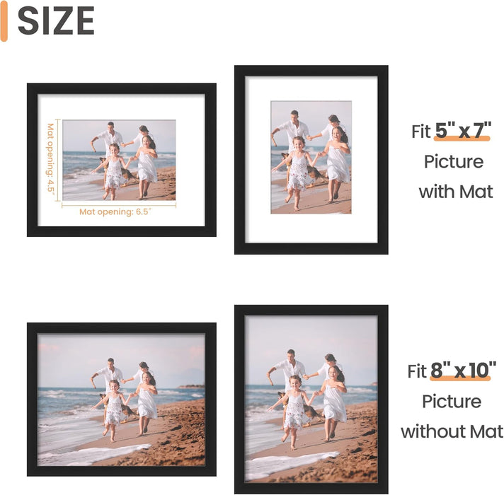 8X10 Picture Frame, Display Pictures 5X7 with Mat or 8X10 without Mat, Wall Hanging Photo Frame, Black, 1 Pack