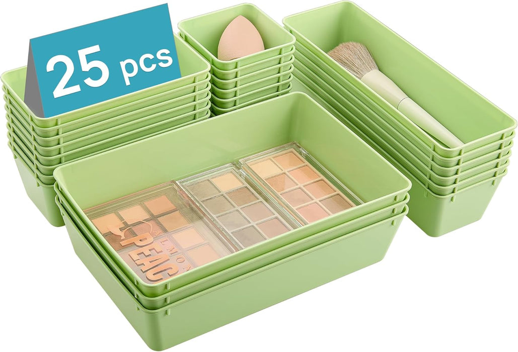 25 PCS Clear Plastic Drawer Organizers Set, 4-Size Versatile Bathroom and Vanity Drawer Organizer Trays, Storage Bins for Makeup, Bedroom, Kitchen Gadgets Utensils and Office