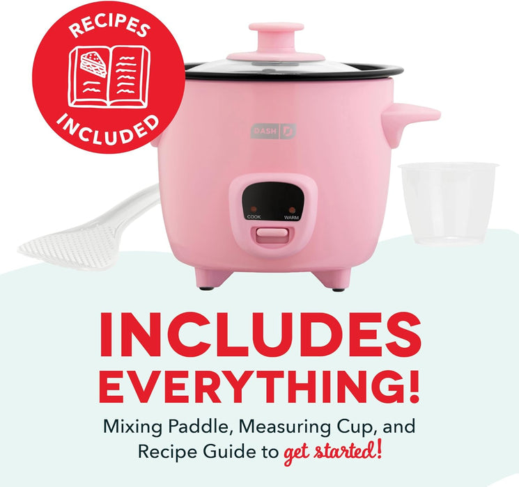 Mini Rice Cooker Steamer with Removable Nonstick Pot, Keep Warm Function & Recipe Guide, Half Quart, for Soups, Stews, Grains & Oatmeal - Pink